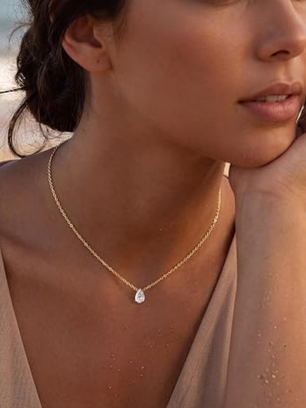 Dainty Teardrop Pendant Necklaces for Women, 14K Gold/Silver Plated Cubic Zircon